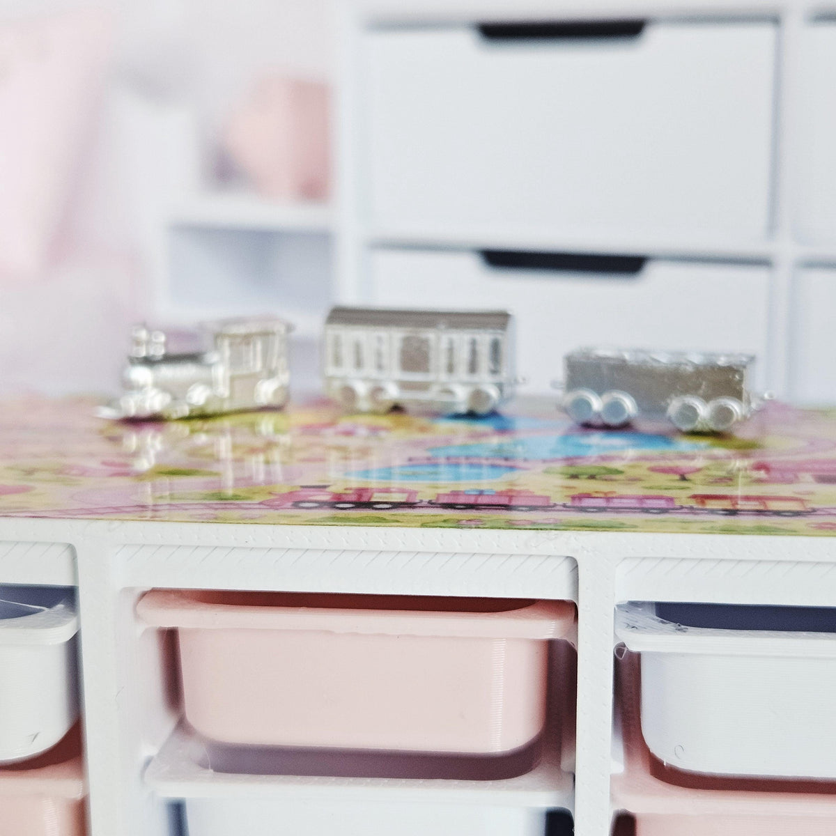 Dolls House Toy Storage Unit with Play Mat Top | Train Map Nursery Storage | 1:12 Scale Furniture