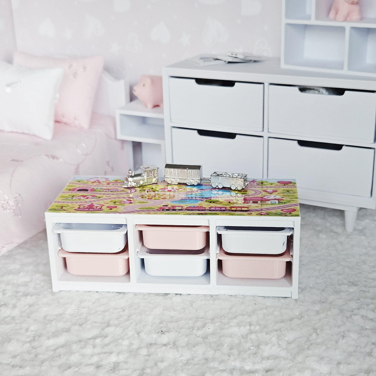 Dolls House Toy Storage Unit with Play Mat Top | Train Map Nursery Storage | 1:12 Scale Furniture