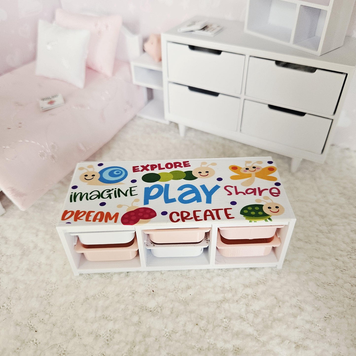 Dolls House Toy Storage Unit with Trays | Nursery Storage Bench | 1:12 Scale Miniature Furniture