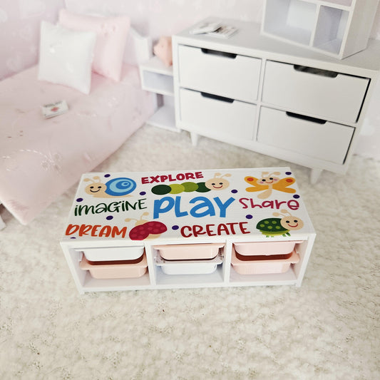 Dolls House Toy Storage Unit with Trays | Nursery Storage Bench | 1:12 Scale Miniature Furniture