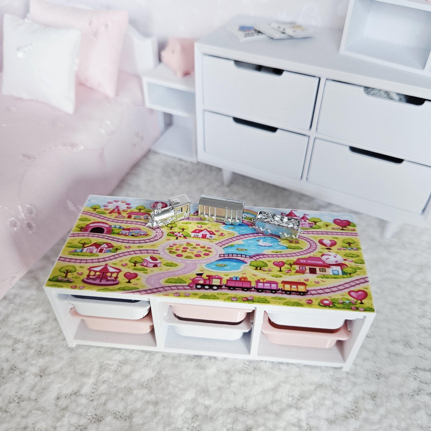 Dolls House Toy Storage Unit with Play Mat Top | Train Map Nursery Storage | 1:12 Scale Furniture