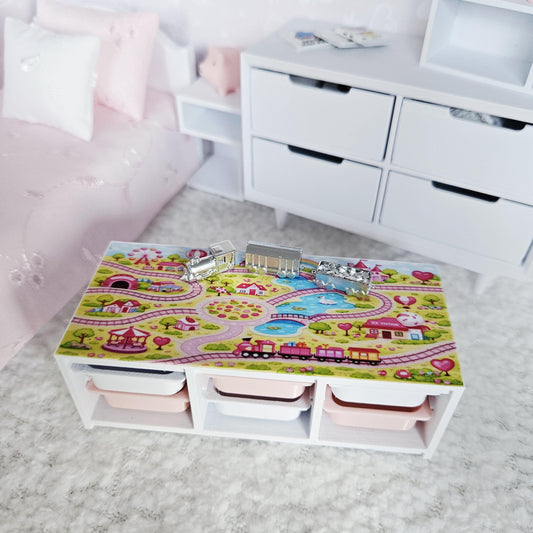 Dolls House Toy Storage Unit with Play Mat Top | Train Map Nursery Storage | 1:12 Scale Furniture