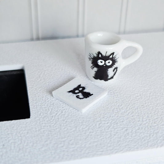Dolls House Black Cat Mug & Coaster Set | Miniature Cup Set | Kitchen Accessory | 1:12 Scale
