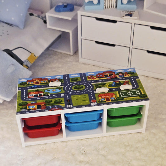 Dolls House Ikea Style Floor Unit with Road Map & Scale Cars, 12th Scale