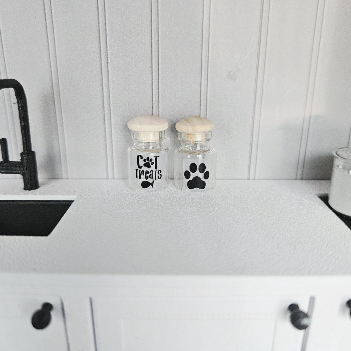 Dolls House Cat Treat Jars | Set of 2 Mini Glass Style Jars with Lids | Pet Accessories | 1:12 Scale