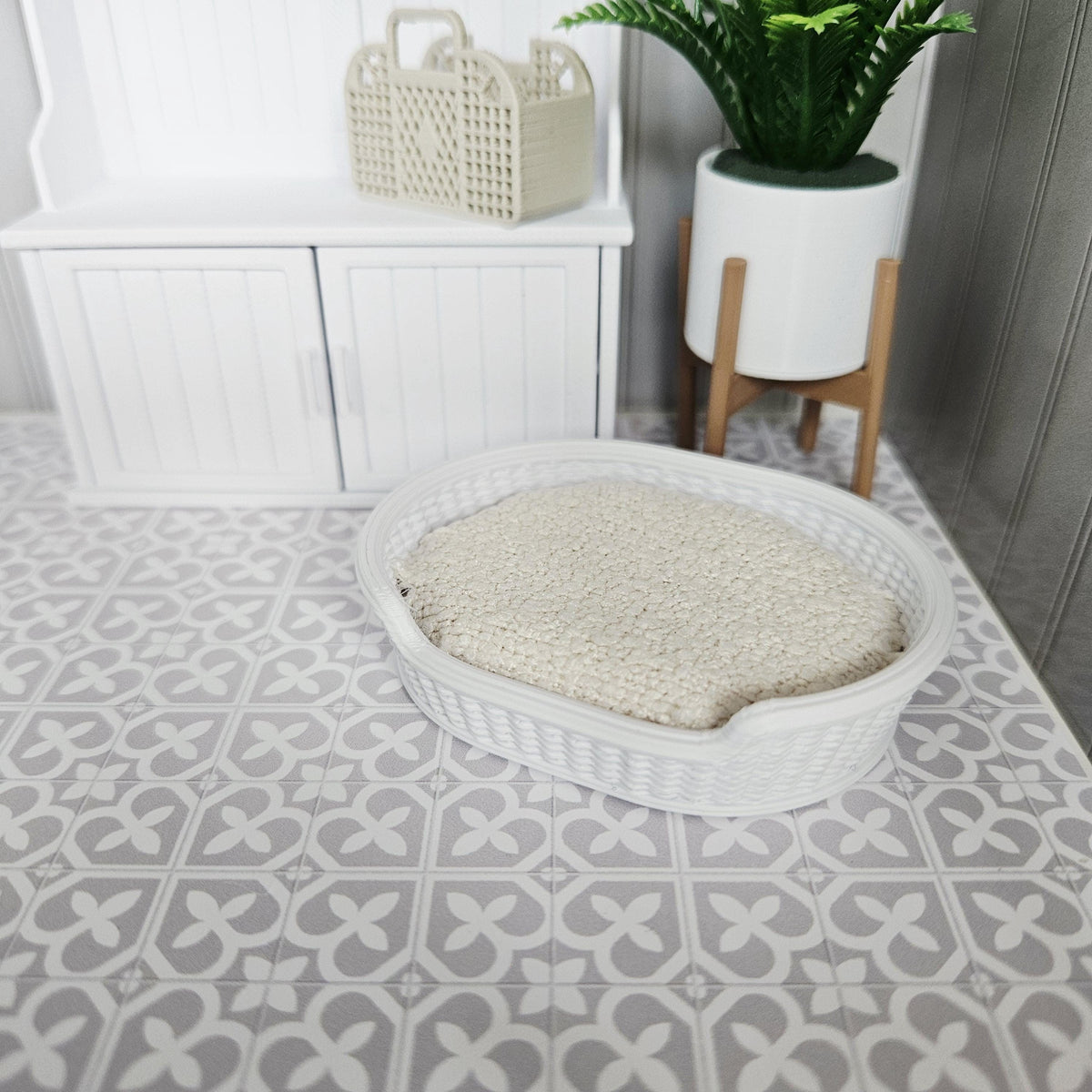 Dolls House Dog Bed | White Rattan Style Pet Bed with Bouclé Cushion | 1:12 Scale Miniature