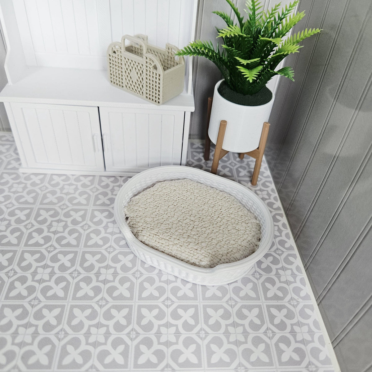 Dolls House Dog Bed | White Rattan Style Pet Bed with Bouclé Cushion | 1:12 Scale Miniature