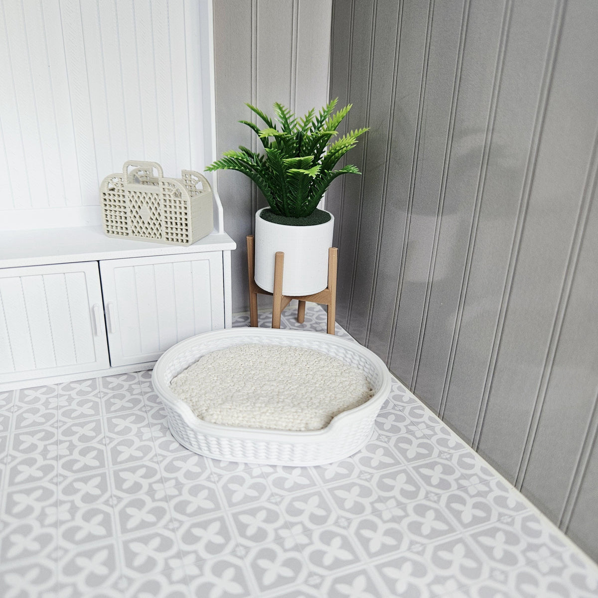 Dolls House Dog Bed | White Rattan Style Pet Bed with Bouclé Cushion | 1:12 Scale Miniature