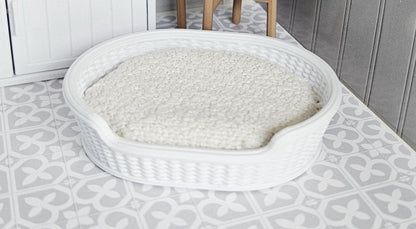 White Rattan Bouclé Dog Bed – alternate view 6 | 1:12 scale dolls house miniature