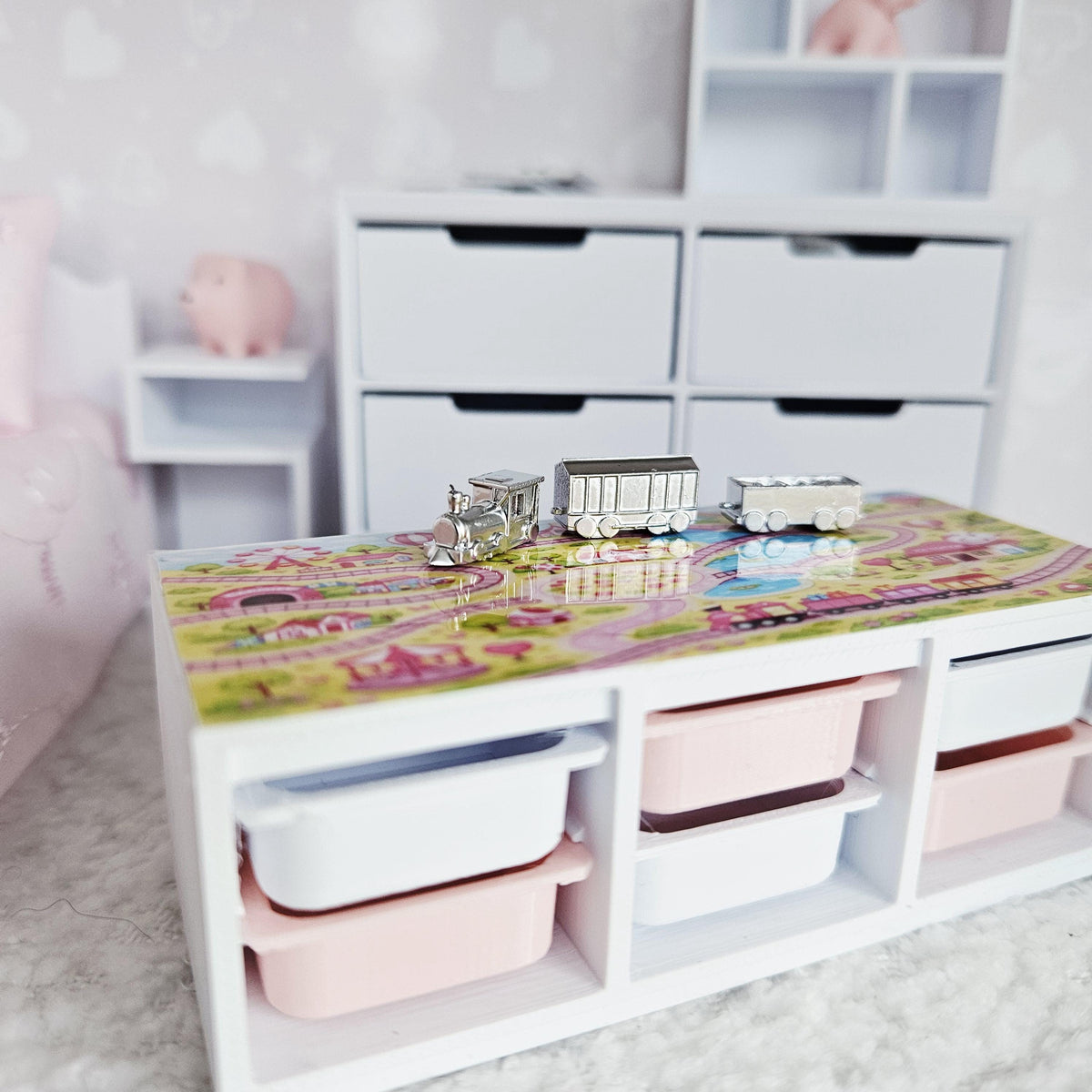 Dolls House Toy Storage Unit with Play Mat Top | Train Map Nursery Storage | 1:12 Scale Furniture