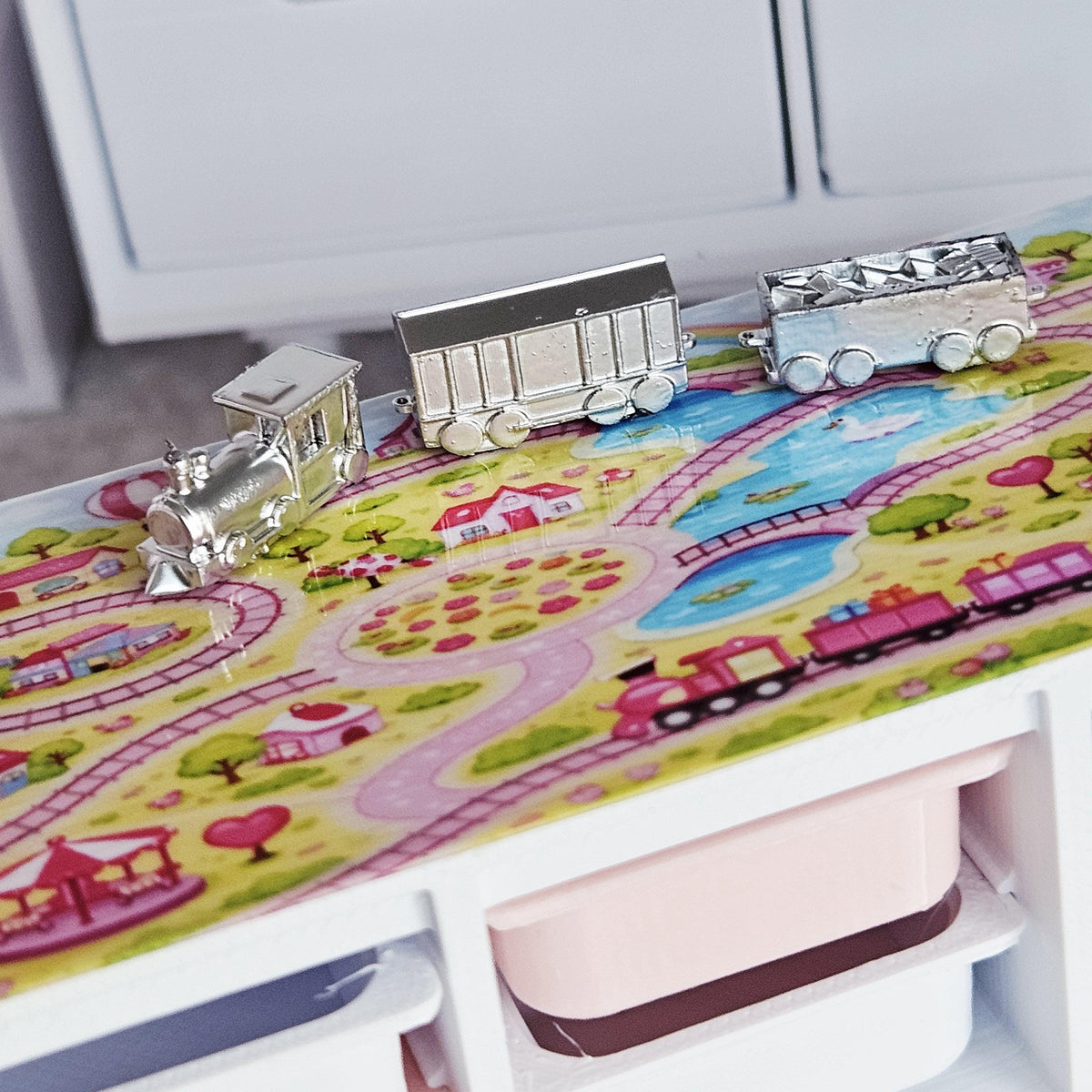 Dolls House Toy Storage Unit with Play Mat Top | Train Map Nursery Storage | 1:12 Scale Furniture