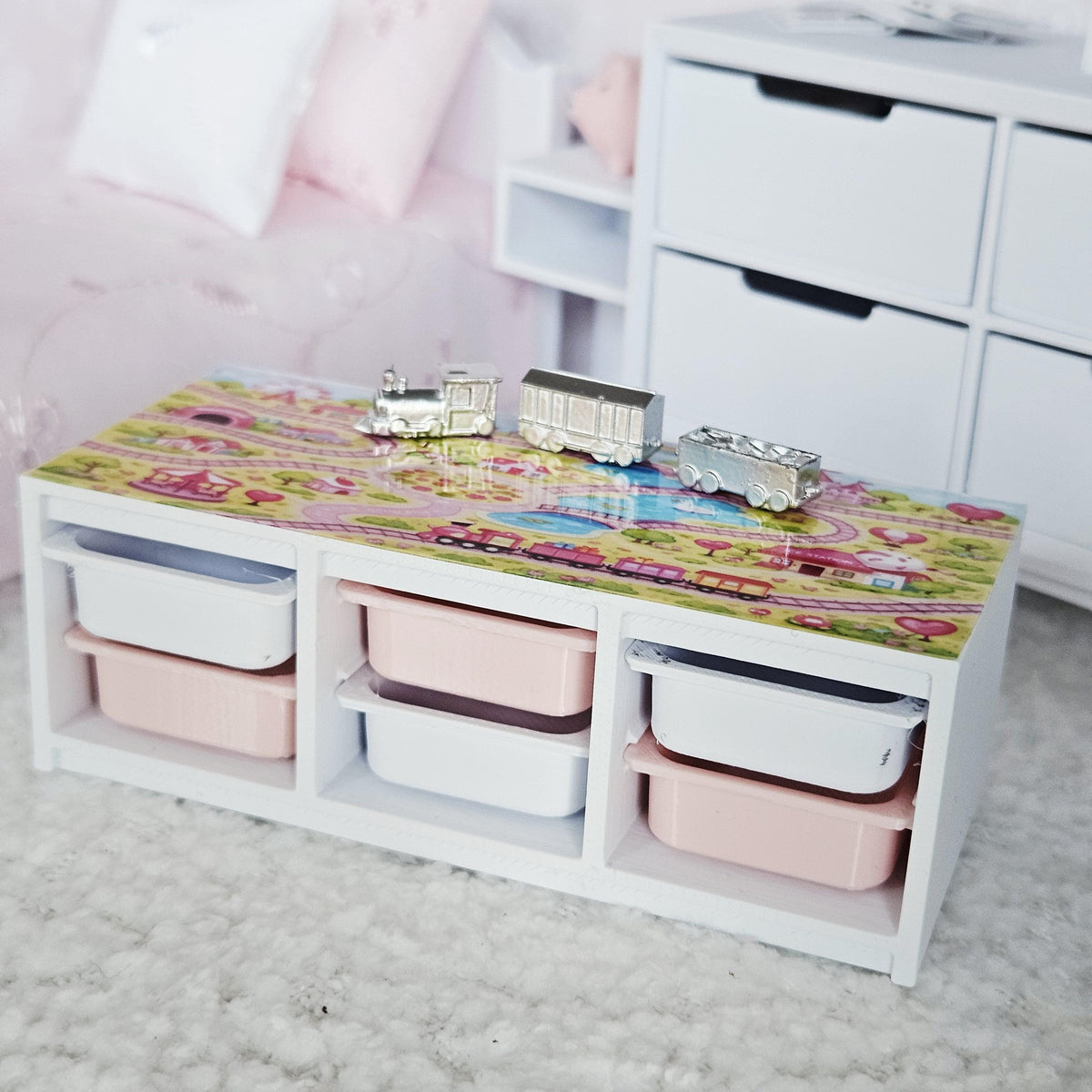 Dolls House Toy Storage Unit with Play Mat Top | Train Map Nursery Storage | 1:12 Scale Furniture