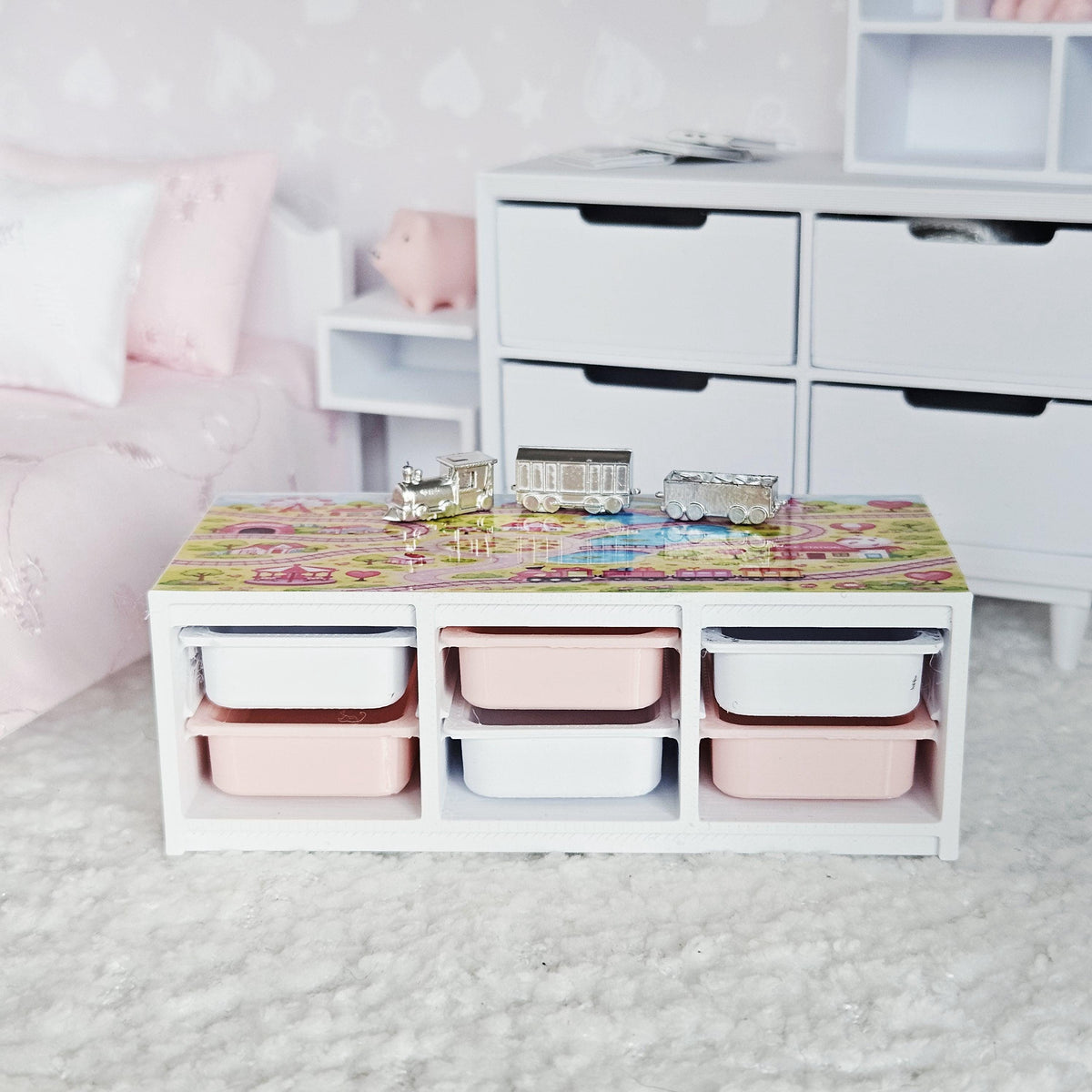 Dolls House Toy Storage Unit with Play Mat Top | Train Map Nursery Storage | 1:12 Scale Furniture