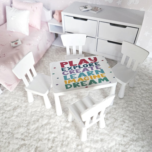 Dolls House Kids Table & Chairs Set | Play Learn Dream Design | 1:12 Scale Miniature Furniture