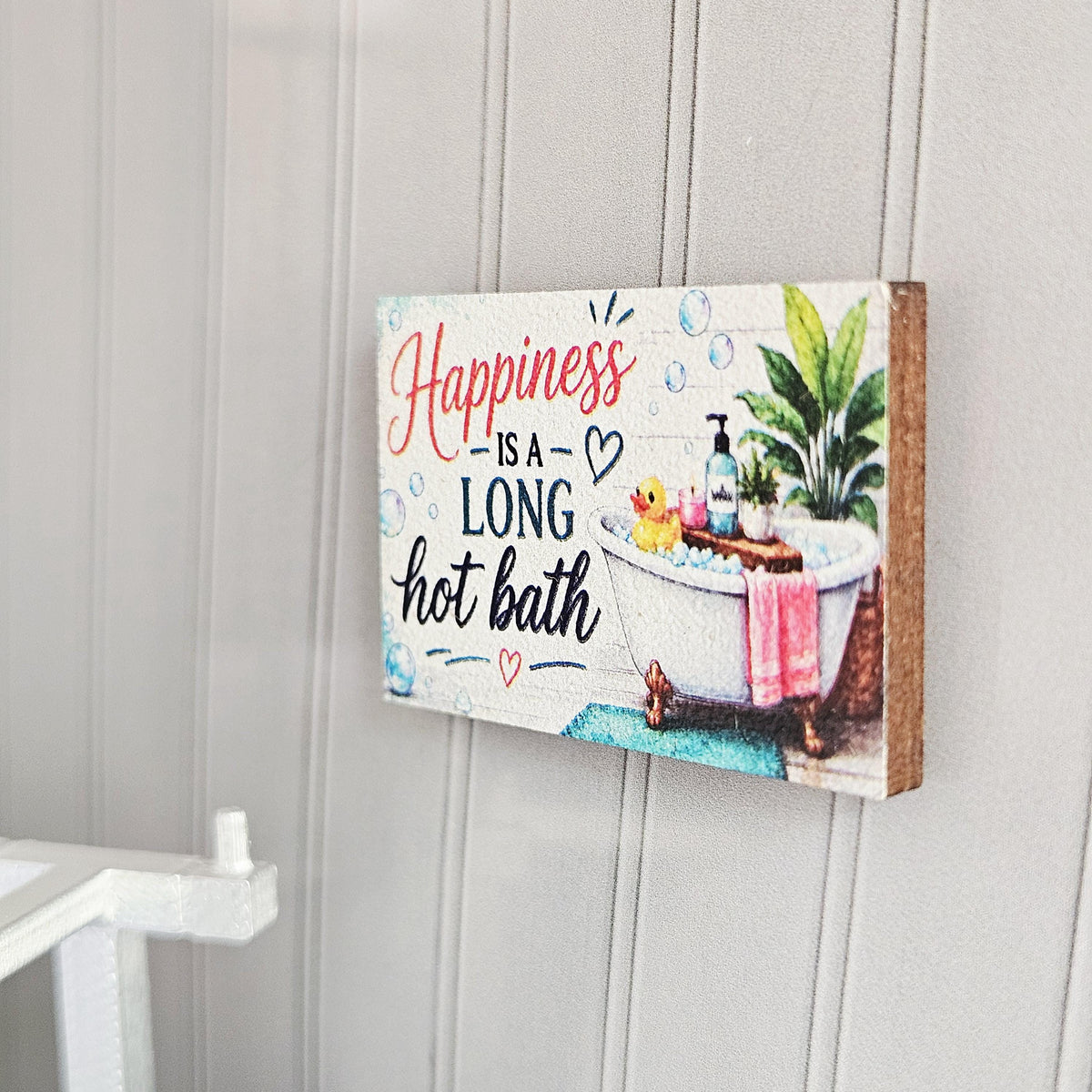Dolls House Bathroom Wall Sign | “Happiness Is a Long Hot Bath” | Mini Wooden Wall Art | 1:12 Scale