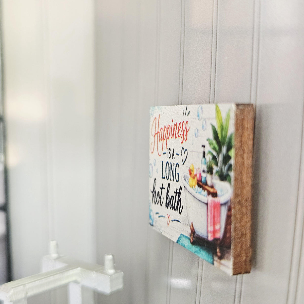 Dolls House Bathroom Wall Sign | “Happiness Is a Long Hot Bath” | Mini Wooden Wall Art | 1:12 Scale