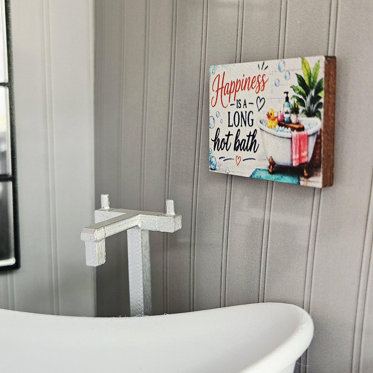 Dolls House Bathroom Wall Sign | “Happiness Is a Long Hot Bath” | Mini Wooden Wall Art | 1:12 Scale
