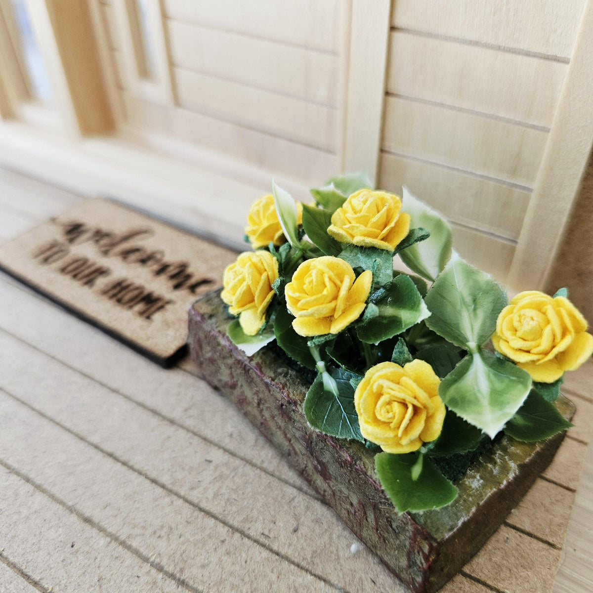 Stone Effect Plant Pot with Yellow Roses | Modern Planter | 1:12 Scale