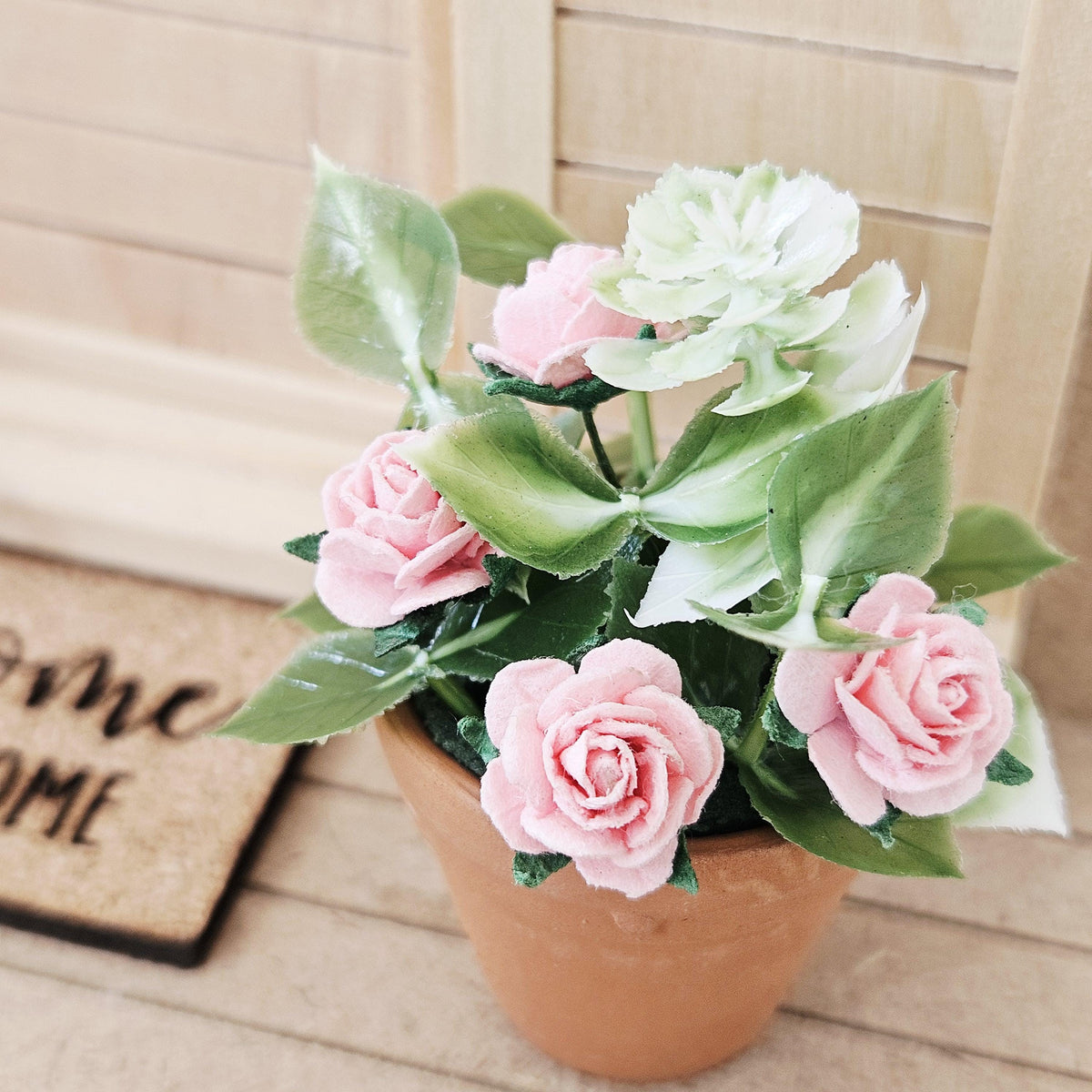 Terracotta plant pot with pink roses, 1:12th Scale, Miniature