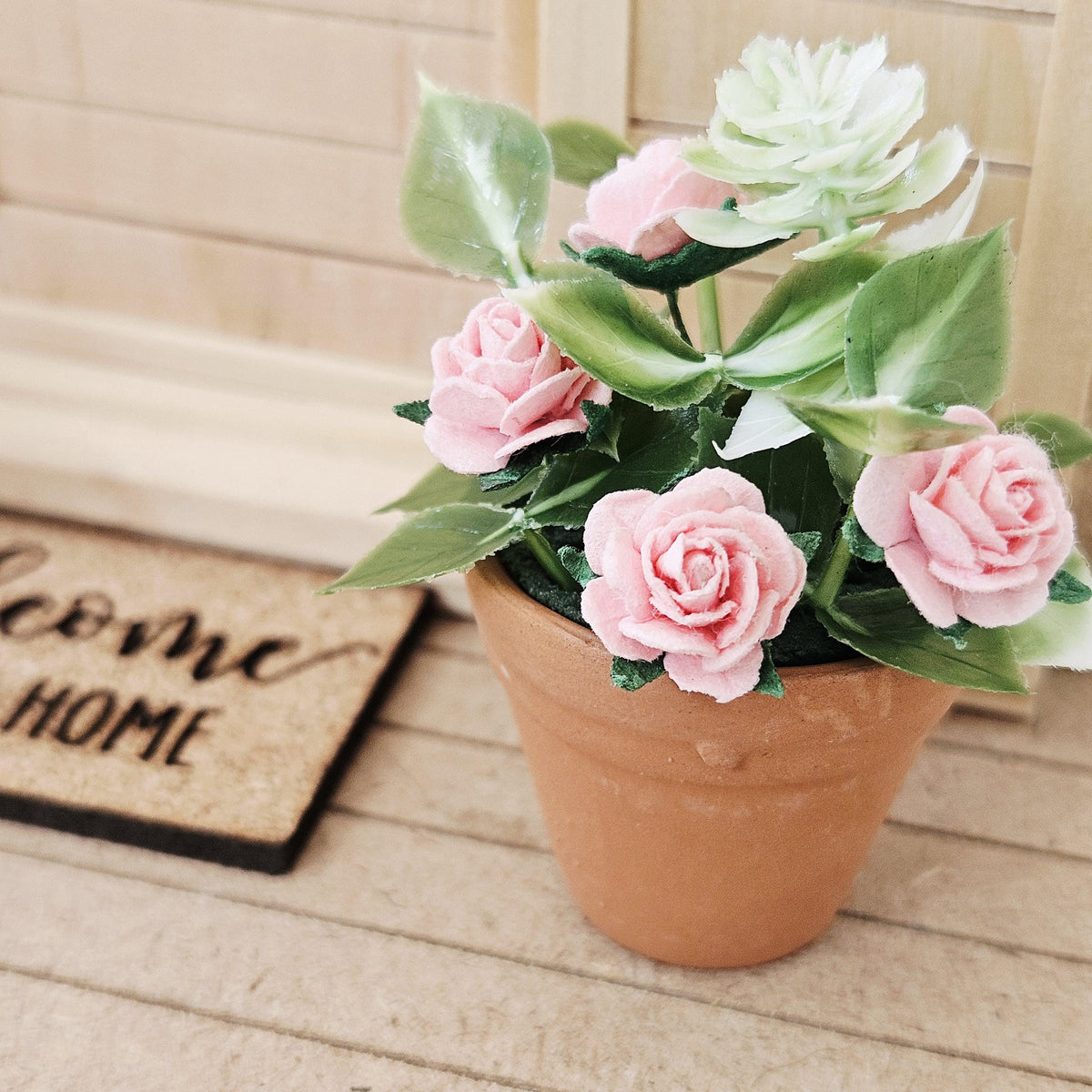 Terracotta plant pot with pink roses, 1:12th Scale, Miniature