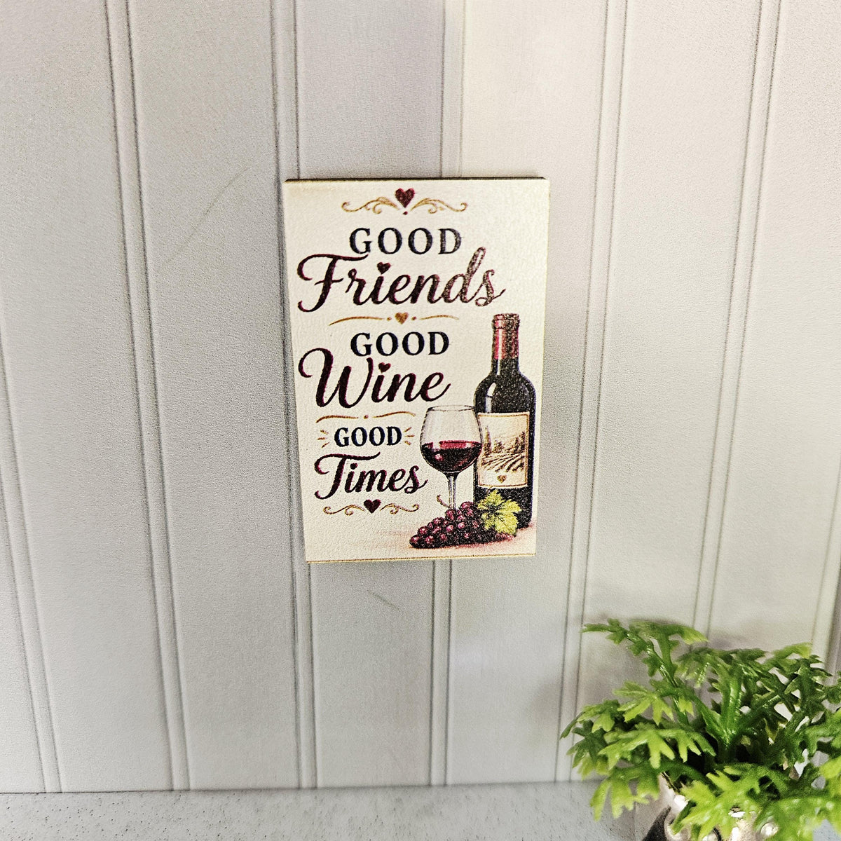 Dolls House Wine Wall Sign | “Good Friends Good Wine Good Times” | Mini Wooden Kitchen Decor | 1:12 Scale