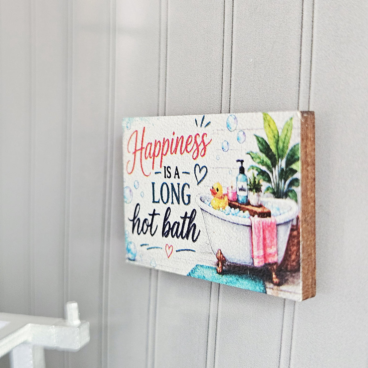 Dolls House Bathroom Wall Sign | “Happiness Is a Long Hot Bath” | Mini Wooden Wall Art | 1:12 Scale