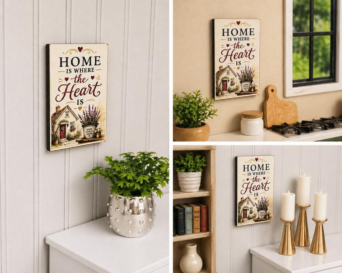 Dolls House Wall Sign | “Home Is Where The Heart Is” | Mini Wooden Wall Art | 1:12 Scale