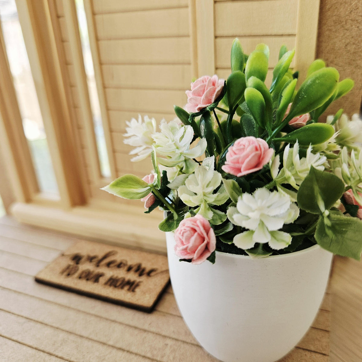 Large Plant Pot with White & Pink Flowers | Oversized Planter | Choice of Colours | 1:12 Scale