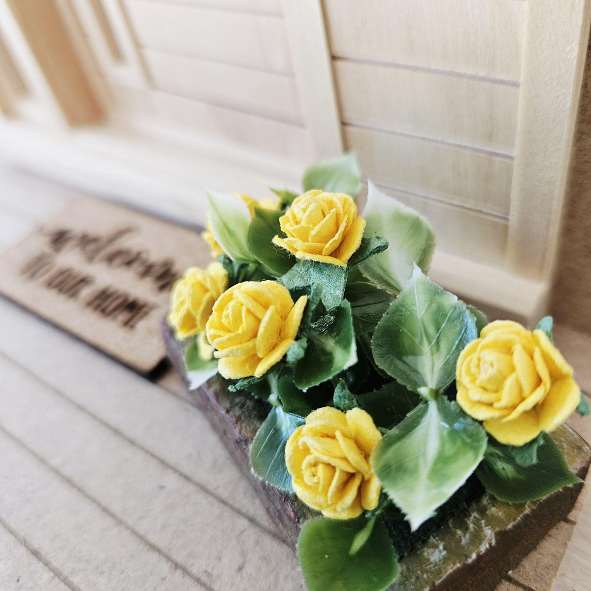 Stone Effect Plant Pot with Yellow Roses | Modern Planter | 1:12 Scale