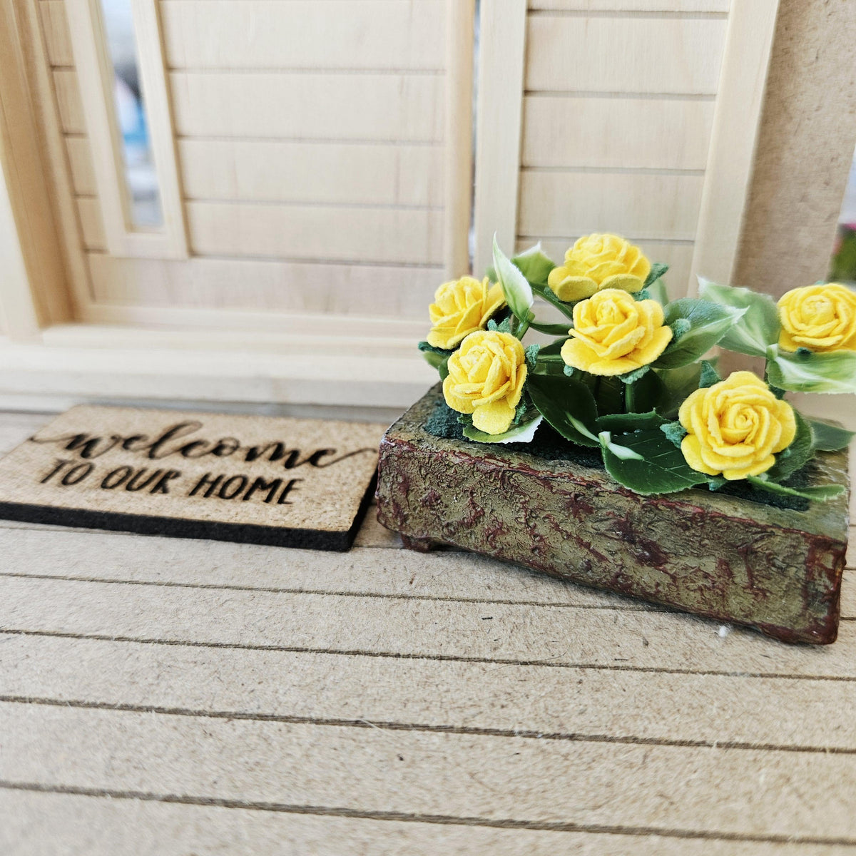 Stone Effect Plant Pot with Yellow Roses | Modern Planter | 1:12 Scale