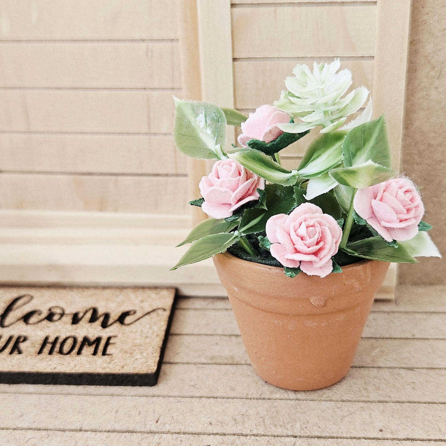 Terracotta plant pot with pink roses, 1:12th Scale, Miniature