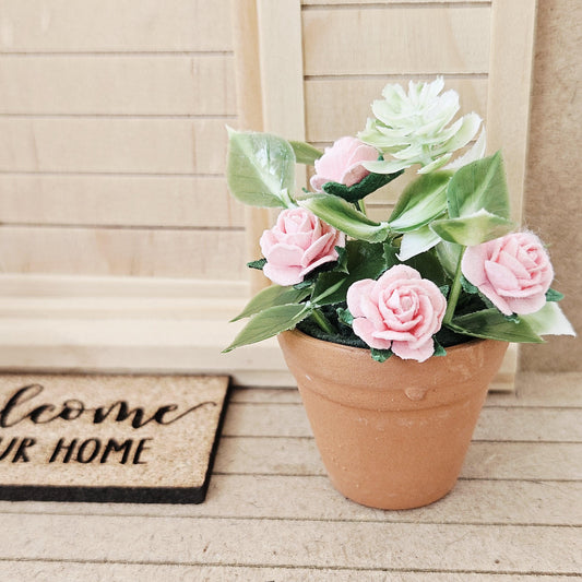 Terracotta plant pot with pink roses, 1:12th Scale, Miniature