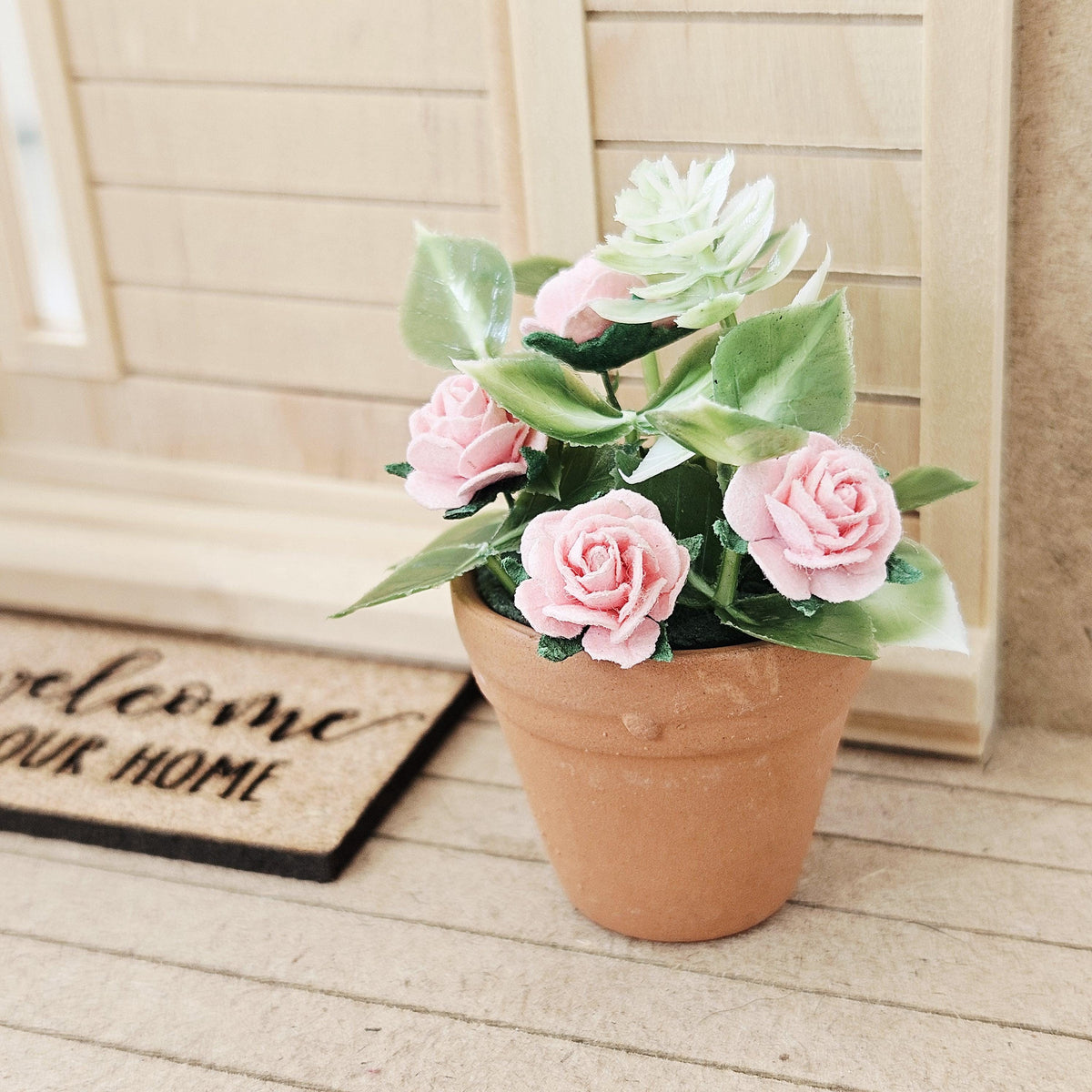 Terracotta plant pot with pink roses, 1:12th Scale, Miniature