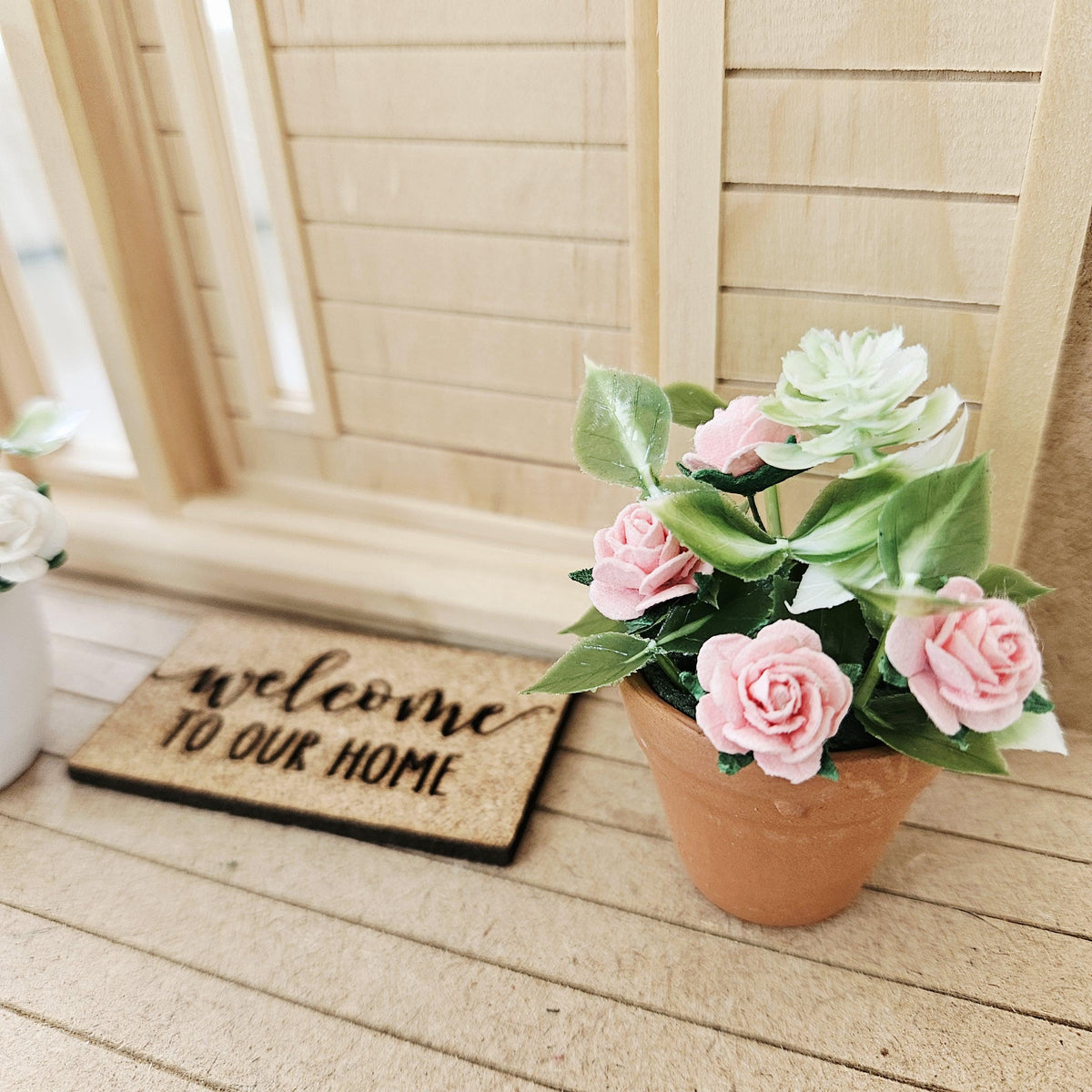 Terracotta plant pot with pink roses, 1:12th Scale, Miniature