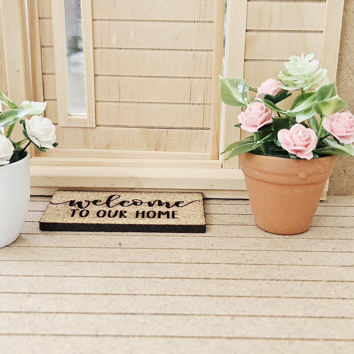 Terracotta plant pot with pink roses, 1:12th Scale, Miniature