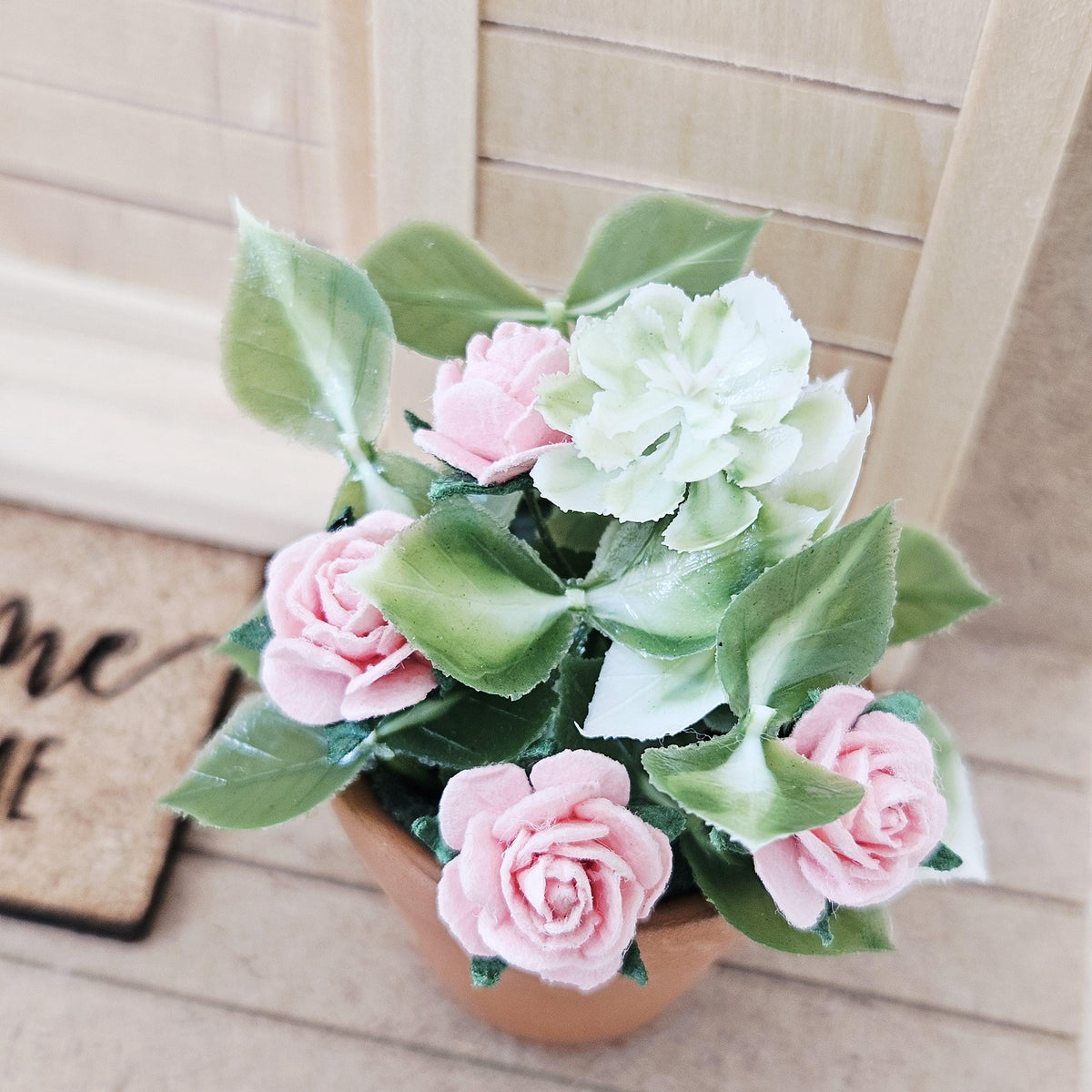 Terracotta plant pot with pink roses, 1:12th Scale, Miniature