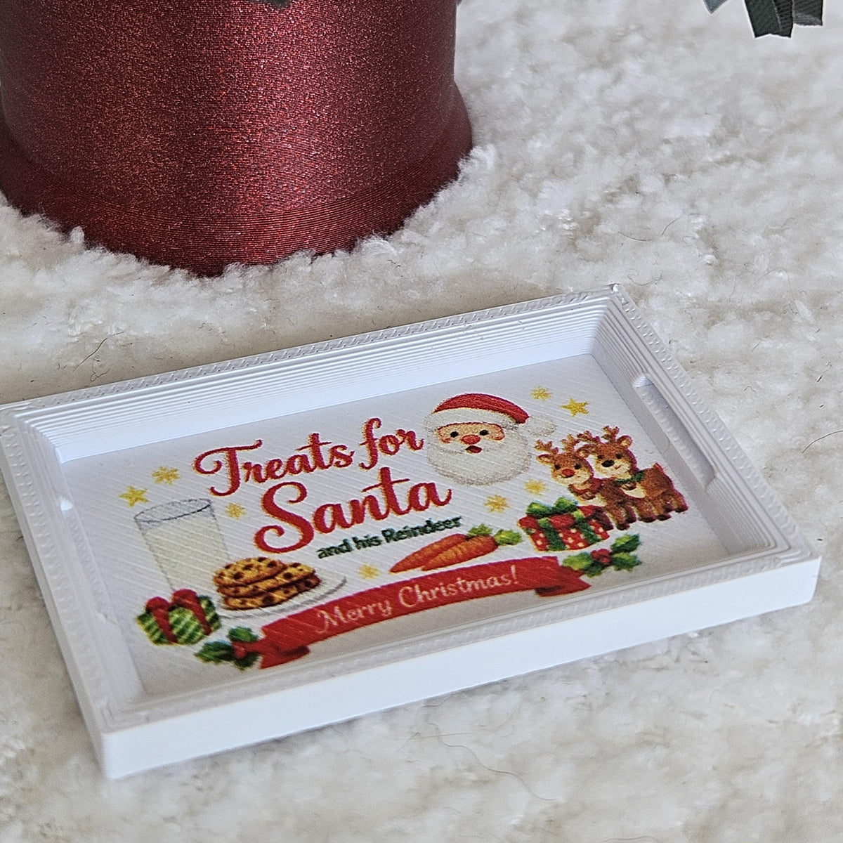 White Christmas Santa Tray | Dolls House Miniature Treat Tray with Handles | 1:12 Scale