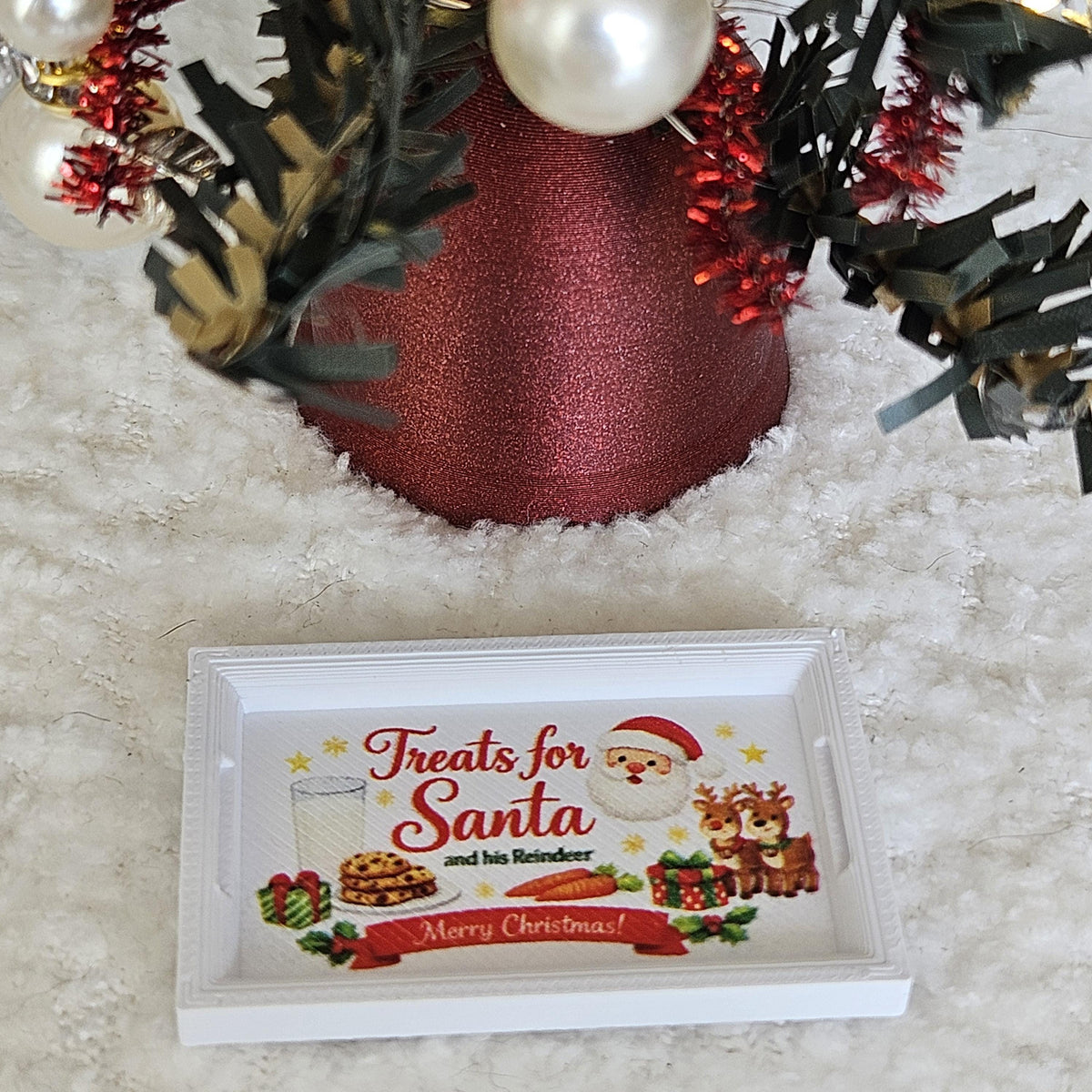 White Christmas Santa Tray | Dolls House Miniature Treat Tray with Handles | 1:12 Scale