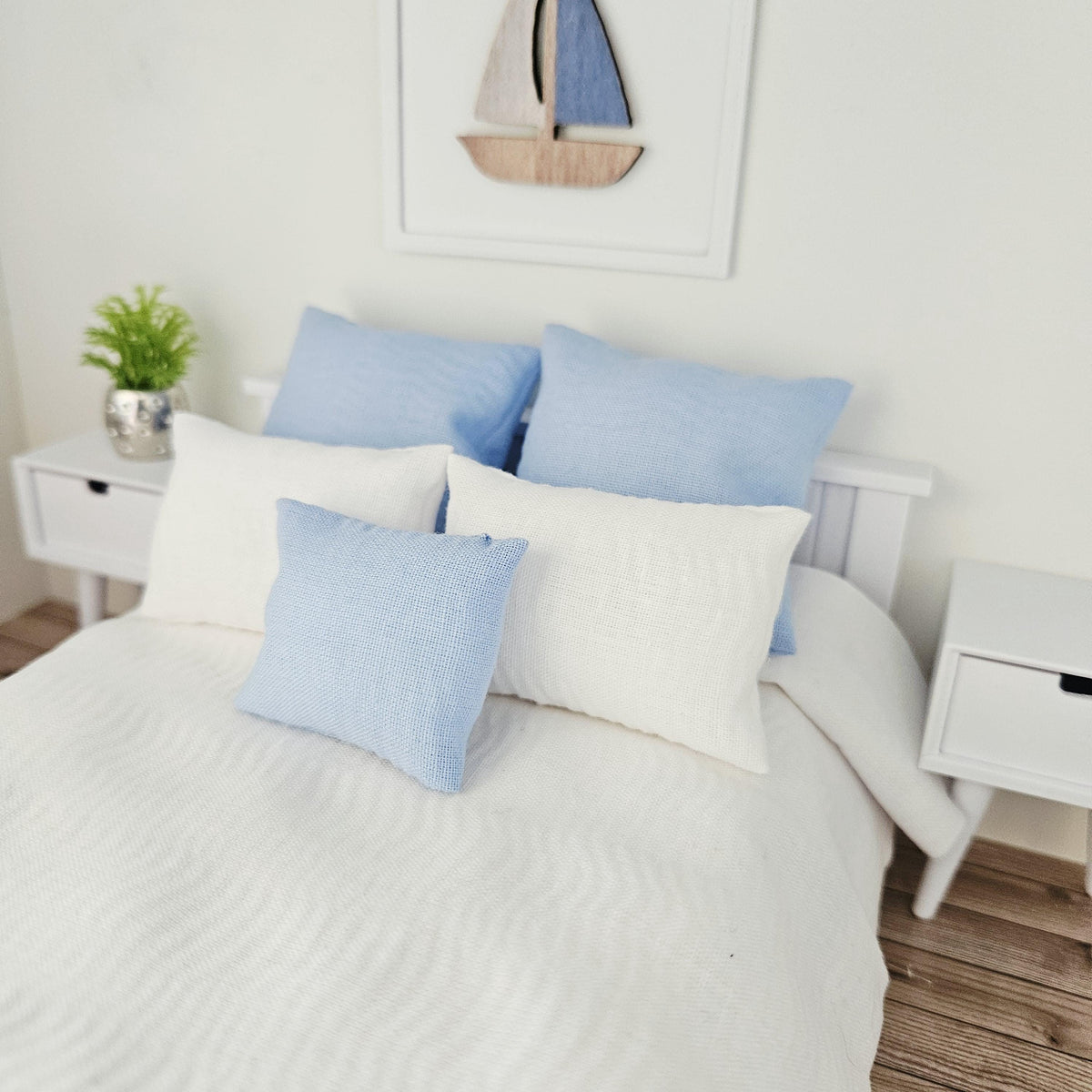 Blue & White Beach Double Bedding Set | 1:12 scale dolls house miniature