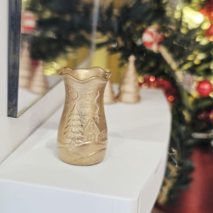 Gold flared christmas scene vase in a 1:12 scale dolls house display, detail view
