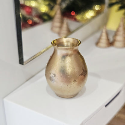 Gold christmas tree vase in a 1:12 scale dolls house display, detail view