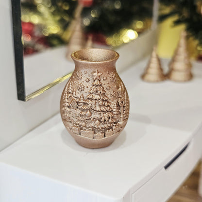 Copper christmas tree vase in a 1:12 scale dolls house display, detail view