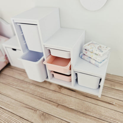 Pink & White storage unit with seven trays & bins in a 1:12 scale dolls house display, detail view