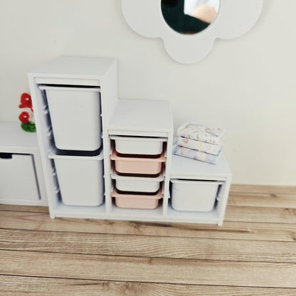 Pink & White storage unit with seven trays & bins in a 1:12 scale dolls house display, detail view