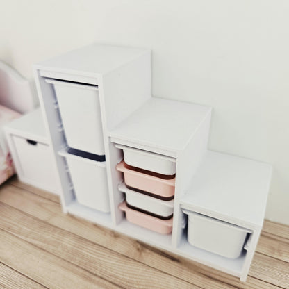 Pink & White storage unit with seven trays & bins in a 1:12 scale dolls house display, detail view