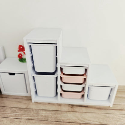 Pink & White storage unit with seven trays & bins in a 1:12 scale dolls house display, detail view