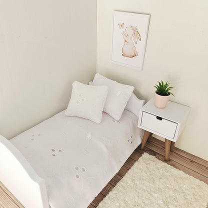 white floral leaf junior bedding set in a 1:12 scale dolls house display, detail view 5