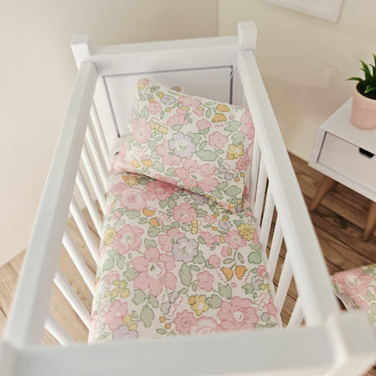 pastel liberty floral cot bedding set in a 1:12 scale dolls house display, detail view 3