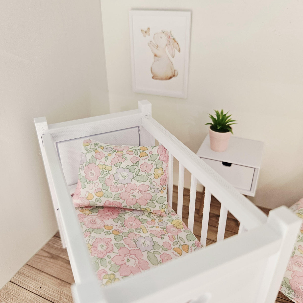 pastel liberty floral cot bedding set in a 1:12 scale dolls house display, detail view 4