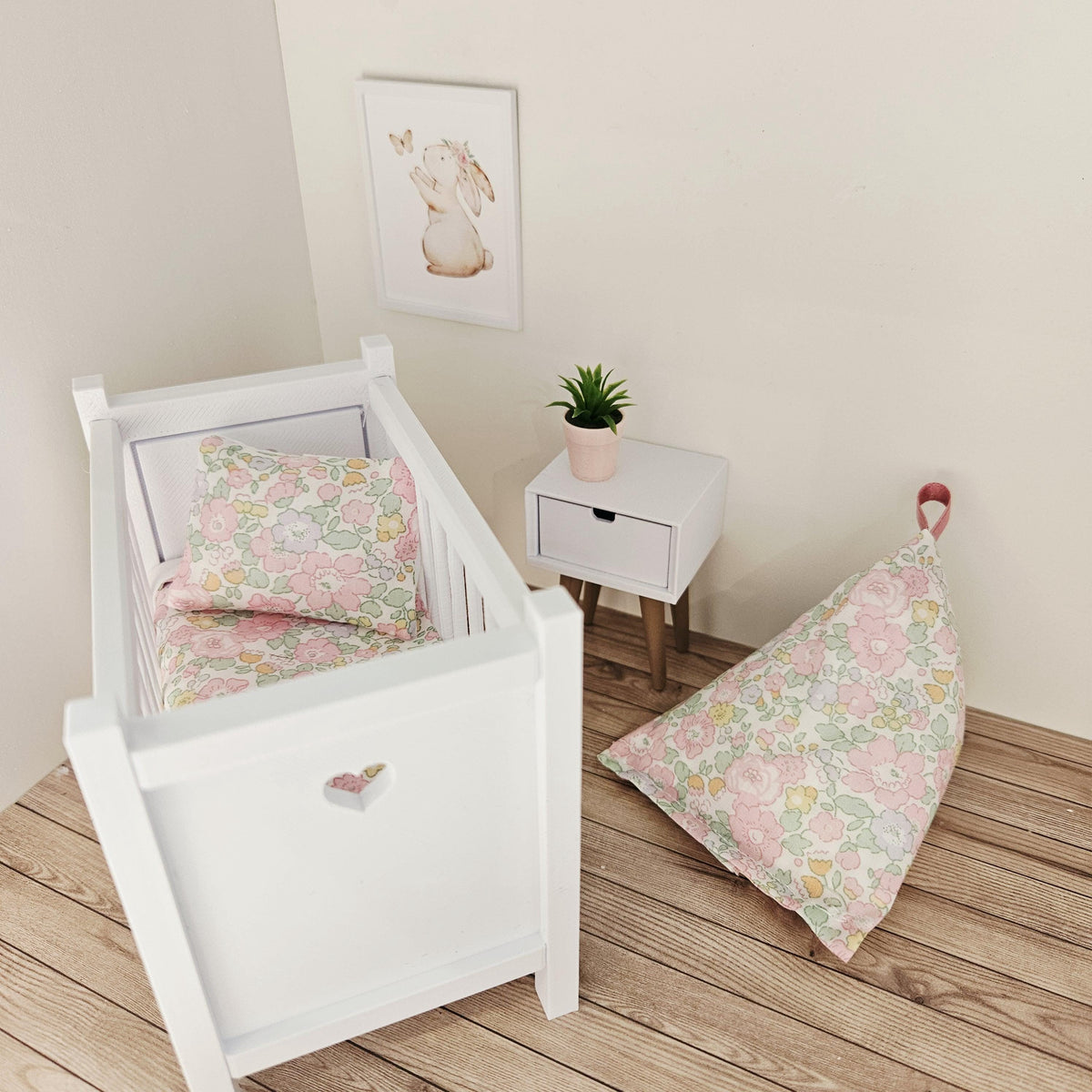 pastel liberty floral cot bedding set in a 1:12 scale dolls house display, detail view 6